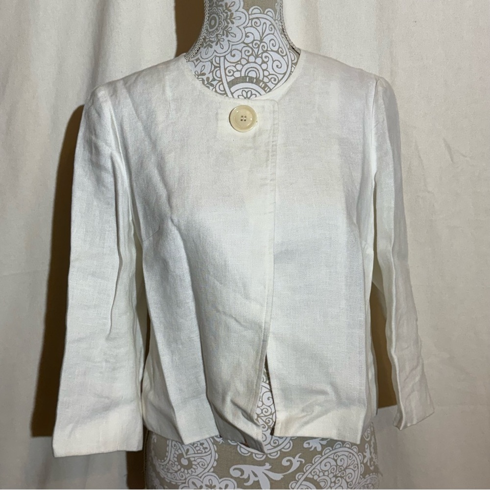 Talbots // white Irish linen no collar one button summer cardigan size petite
